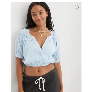BNWT Aerie Baby Blue Cropped Flowy Woven Blouse Top